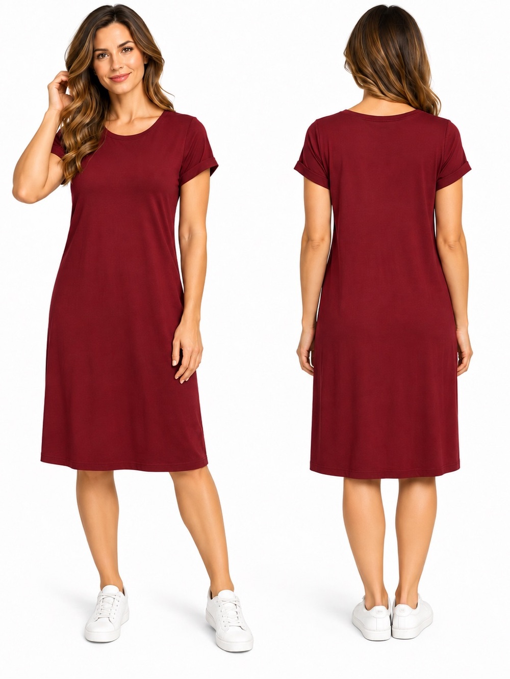 C.C Burgundy Short-Sleeve Midi Knit Dress